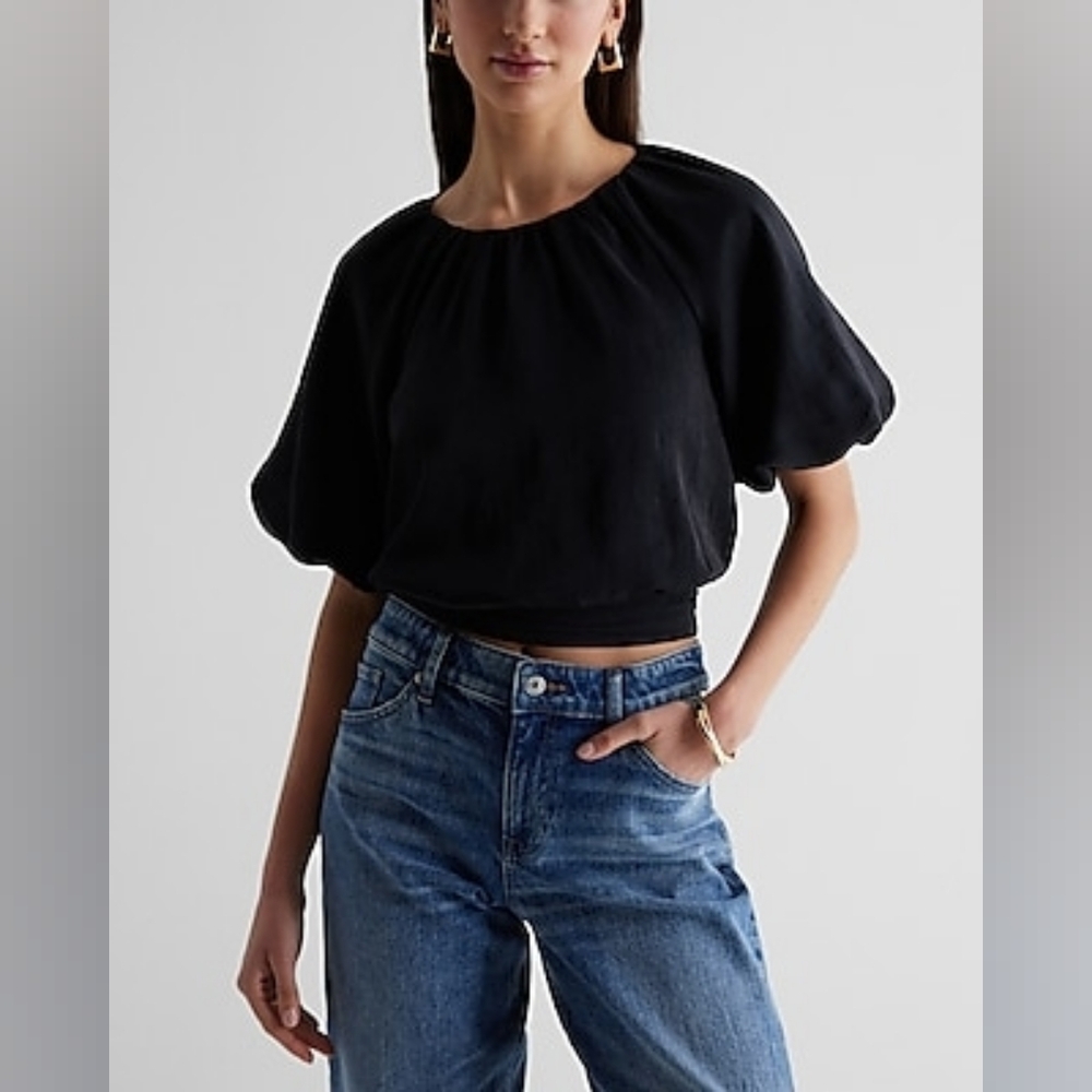 Express Gathered Neck Puff Sleeve Banded Bottom Top